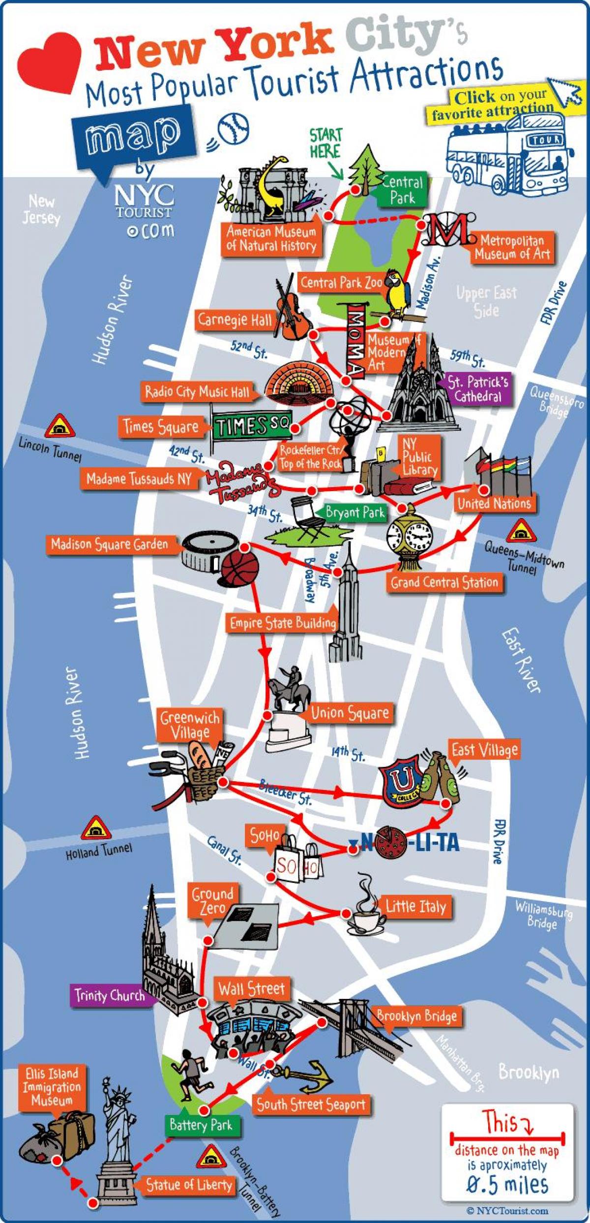 kort over Manhattan, New York seværdigheder