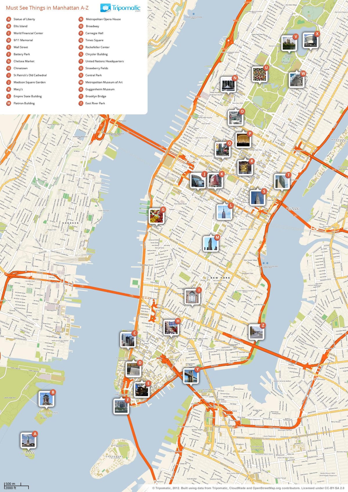 kort over Manhattan, der viser turistattraktioner