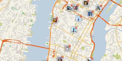 Kort over Manhattan med punkter af interesse